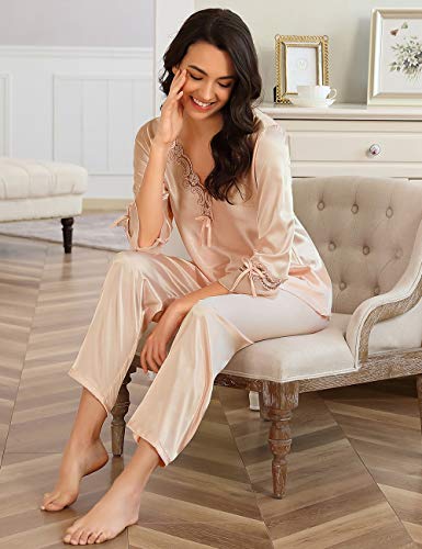 ohyeahlady Mujer Pijamas Seda Conjunto Elegante Larga Invierno Talla Grande Tops y Pantalones Largos(Estilo 1:Beige, M-L)