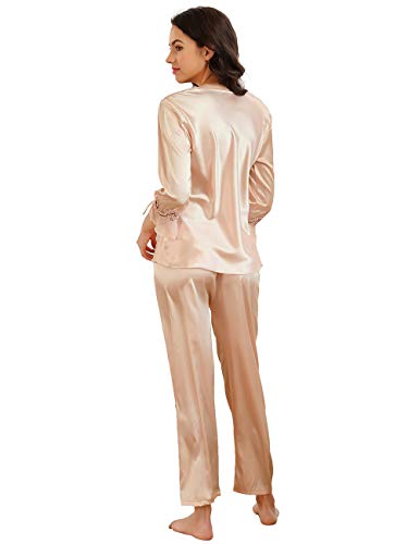 ohyeahlady Mujer Pijamas Seda Conjunto Elegante Larga Invierno Talla Grande Tops y Pantalones Largos(Estilo 1:Beige, M-L)