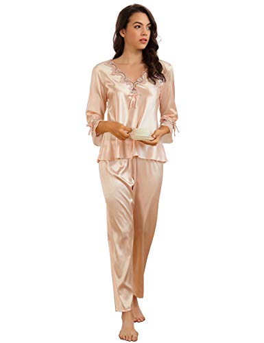 ohyeahlady Mujer Pijamas Seda Conjunto Elegante Larga Invierno Talla Grande Tops y Pantalones Largos(Estilo 1:Beige, M-L)