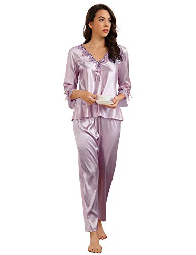 ohyeahlady Pijama Mujer Satén Invierno Camiseta de Manga 3/4 y Pantalones Largos Ropa de Dormir Larga Seda(Estilo 1:Violado, M-L)