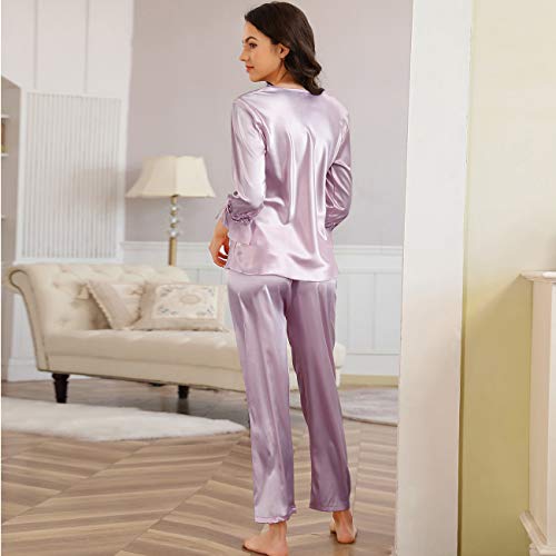 ohyeahlady Pijama Mujer Satén Invierno Camiseta de Manga 3/4 y Pantalones Largos Ropa de Dormir Larga Seda(Estilo 1:Violado, M-L)