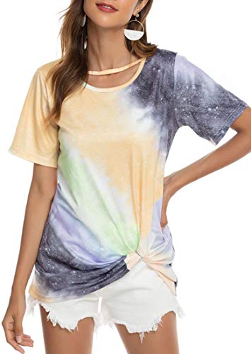 OLIPHEE Casual Camiseta Deportiva Gradiente Manga Corta Tie-Dye Imprimir Corto Tops Blusa Anudadas Camisas Pullover para Mujer huangM-1