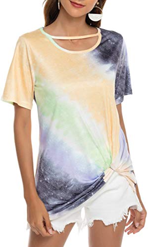 OLIPHEE Casual Camiseta Deportiva Gradiente Manga Corta Tie-Dye Imprimir Corto Tops Blusa Anudadas Camisas Pullover para Mujer huangM-1