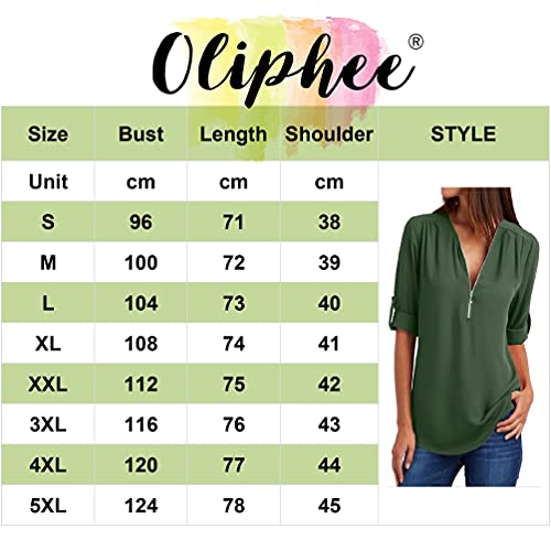 OLIPHEE Mujer Blusas y Camisa Cuello V Camisetas Cremallera Sueltas Camisas de Manga Larga Ajustable Tops Lago-2XL
