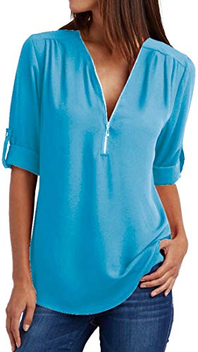 OLIPHEE Mujer Blusas y Camisa Cuello V Camisetas Cremallera Sueltas Camisas de Manga Larga Ajustable Tops Lago-2XL
