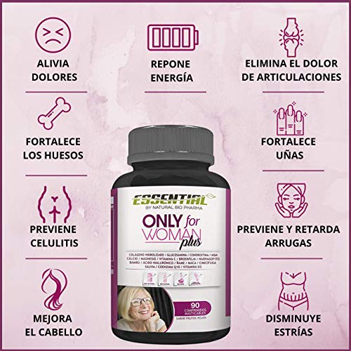 ONLY FOR WOMAN PLUS - Colágeno Hidrolizado Puro + Magnesio + Ácido Hialurónico + Condroitina + Coenzima Q10 + Vitamina D3 + Calcio + Glucosamina + Harpagofito – Producto del Año - 90 comp.