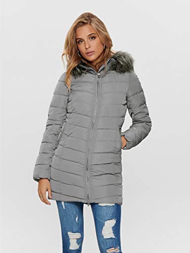 Only ONLELLAN Quilted Hood Fur Coat OTW Abrigo, Fibra Plateada, M para Mujer