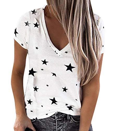 Camiseta sueltos casual de manga corta para mujer blusa con estampada con cuello en V 