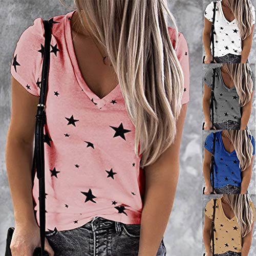 Onsoyours Mujer Moda Camiseta Manga Corta Cuello V Slim Estrellas T Shirt Color Sólido Blusa Basica Suelto Casual Deportivo Fiesta Original tee Tops A Rosa 40