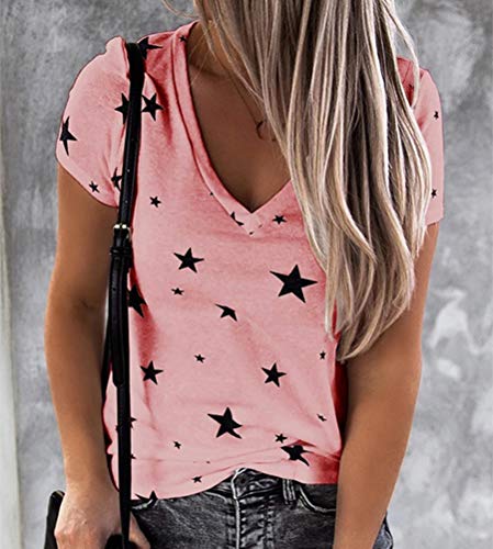 Onsoyours Mujer Moda Camiseta Manga Corta Cuello V Slim Estrellas T Shirt Color Sólido Blusa Basica Suelto Casual Deportivo Fiesta Original tee Tops A Rosa 40