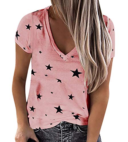 Onsoyours Mujer Moda Camiseta Manga Corta Cuello V Slim Estrellas T Shirt Color Sólido Blusa Basica Suelto Casual Deportivo Fiesta Original tee Tops A Rosa 40