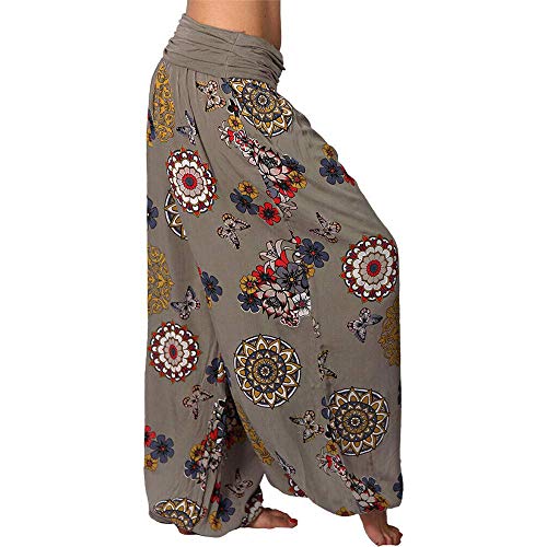 Onsoyours Mujer Pantalones Hippies Tailandeses Estampado Verano Cintura Alta Elastica para Baggy Yoga Casual Bombacho clásico Design Boyfriend Harem Pantalón C Caqui x-Large