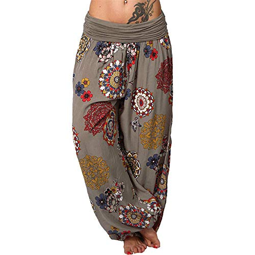 Onsoyours Mujer Pantalones Hippies Tailandeses Estampado Verano Cintura Alta Elastica para Baggy Yoga Casual Bombacho clásico Design Boyfriend Harem Pantalón C Caqui x-Large