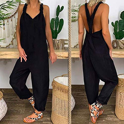 Onsoyours Mujer Peto de Pantalones de Rayas Largo Suelto Mono Bolsillos Casual Playa Fiesta Noche Cóctel A Negro 48