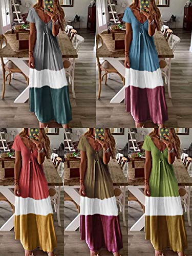 Onsoyours Mujer Vestido Elegante Boho Dress Suelto Casual Cuello V Manga Corta Gradiente Bloque Color Rayas Larga Maxi Vestido Playeros A Verde Claro 42