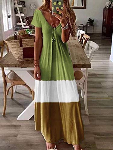 Onsoyours Mujer Vestido Elegante Boho Dress Suelto Casual Cuello V Manga Corta Gradiente Bloque Color Rayas Larga Maxi Vestido Playeros A Verde Claro 42