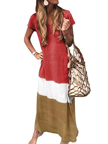 Onsoyours Mujeres Boho Vestido Verano Elegante Casual Playa Cuello V Manga Corta Largos Verano Suelto Maxi Vestido Playeros A Rojo 34