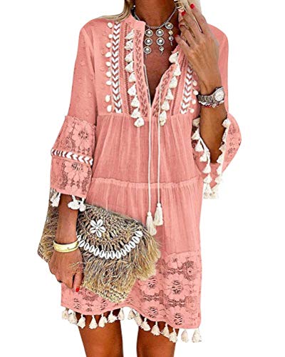 Onsoyours Vestido Casual Manga 3/4 De Encaje Boho Playa para Mujeres Verano Suelto Borla V Cuello SóLido Talla Grande Blusa A Rosa Claro 16