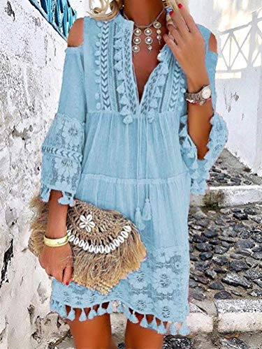 Onsoyours Vestido Casual Manga 3/4 De Encaje Boho Playa para Mujeres Verano Suelto Borla V Cuello SóLido Talla Grande Blusa B Azul Claro 12