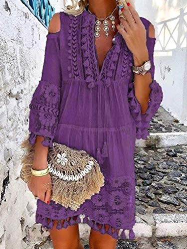 Onsoyours Vestido Casual Manga 3/4 De Encaje Boho Playa para Mujeres Verano Suelto Borla V Cuello SóLido Talla Grande Blusa B Morado 16