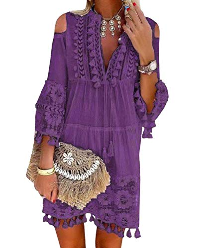Onsoyours Vestido Casual Manga 3/4 De Encaje Boho Playa para Mujeres Verano Suelto Borla V Cuello SóLido Talla Grande Blusa B Morado 16