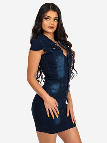 Onsoyours Vestido De Mezclilla para Mujer Cuello En V Sin Mangas Vestido Ajustado De Lápiz Vestido De Fiesta Camisa Túnica Vestido De Blusa Vestido De Jeans Vestido D Azul 38