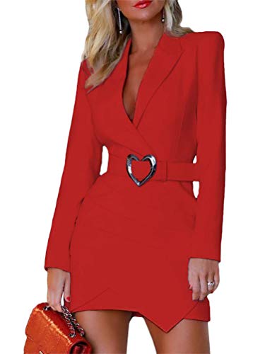 Onsoyours Vestido Largo para Mujer Estilo Militar Double-Breasted Button Mujer Blazer Manga Larga Chaqueta Mini Vestido Oficina Negocios OL Chaqueta Abrigo B Rojo 36