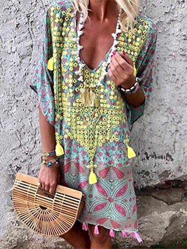 Onsoyours Vestidos Mujer Casual Playa Verano Falda Vestido Playeros 3/4 Mangas Vestido Camiseta Floja Vestido Amarillo 48