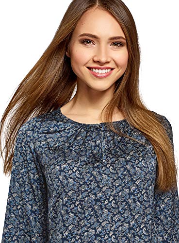 oodji Collection Mujer Blusa Ancha con Escote Gota, Azul, ES 36 / XS