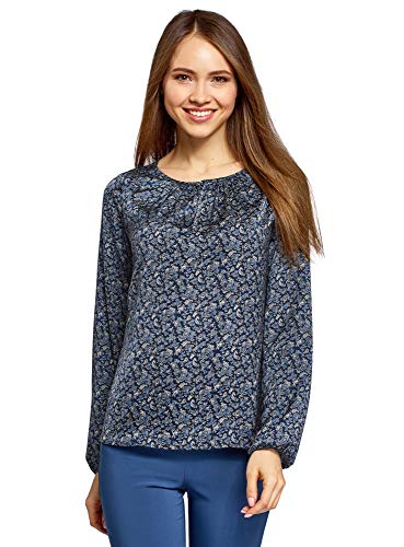 oodji Collection Mujer Blusa Ancha con Escote Gota, Azul, ES 36 / XS