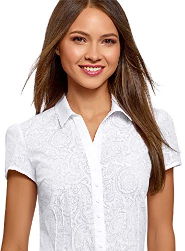 oodji Collection Mujer Blusa Entallada de Manga Corta, Blanco, ES 42 / L