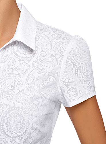 oodji Collection Mujer Blusa Entallada de Manga Corta, Blanco, ES 42 / L