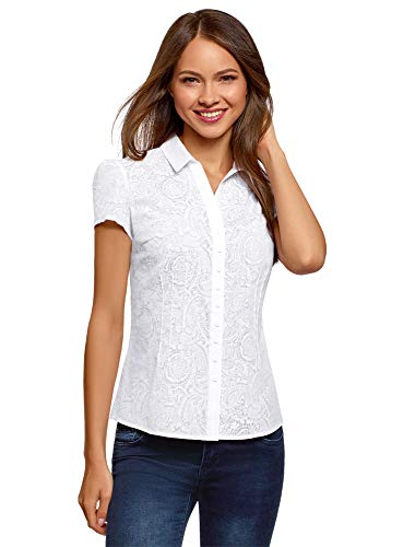 oodji Collection Mujer Blusa Entallada de Manga Corta, Blanco, ES 42 / L