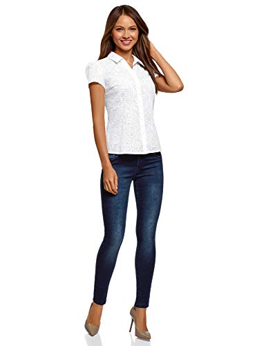 oodji Collection Mujer Blusa Entallada de Manga Corta, Blanco, ES 42 / L