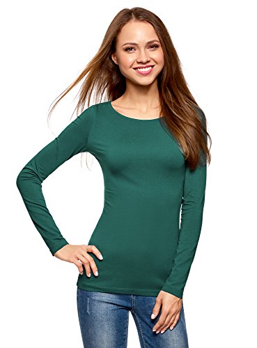 oodji Collection Mujer Camiseta de Manga Larga, Verde, ES 40 / M