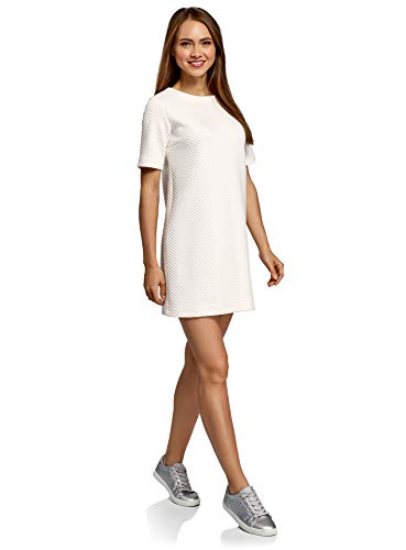 oodji Collection Mujer Vestido Recto de Tejido Texturizado, Blanco, ES 36 / XS
