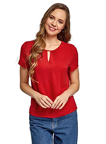 oodji Ultra Mujer Blusa Ancha con Escote Gota, Rojo, ES 36 / XS