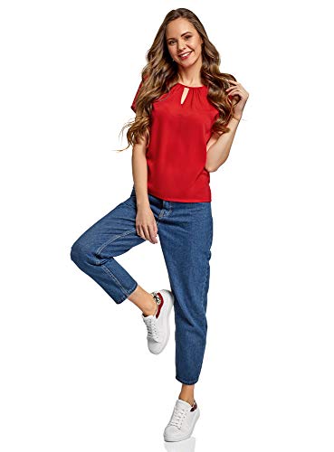 oodji Ultra Mujer Blusa Ancha con Escote Gota, Rojo, ES 36 / XS