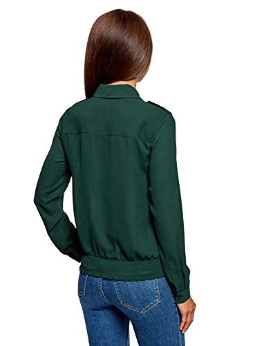 oodji Ultra Mujer Blusa de Tejido Fluido con Bolsillos en el Pecho, Verde, ES 36 / XS