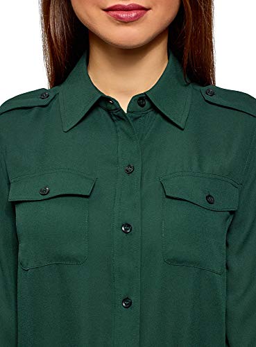 oodji Ultra Mujer Blusa de Tejido Fluido con Bolsillos en el Pecho, Verde, ES 36 / XS