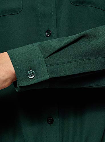 oodji Ultra Mujer Blusa de Tejido Fluido con Bolsillos en el Pecho, Verde, ES 36 / XS