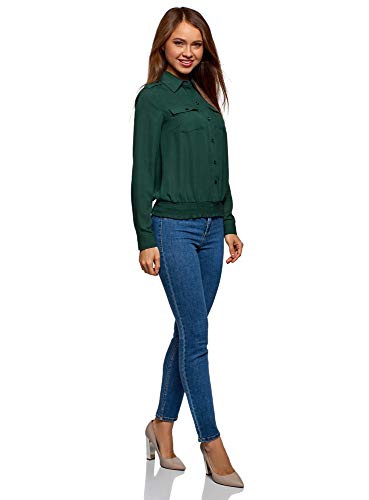 oodji Ultra Mujer Blusa de Tejido Fluido con Bolsillos en el Pecho, Verde, ES 36 / XS