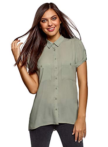 oodji Ultra Mujer Blusa de Viscosa con Bolsillos en el Pecho, Verde, ES 36 / XS
