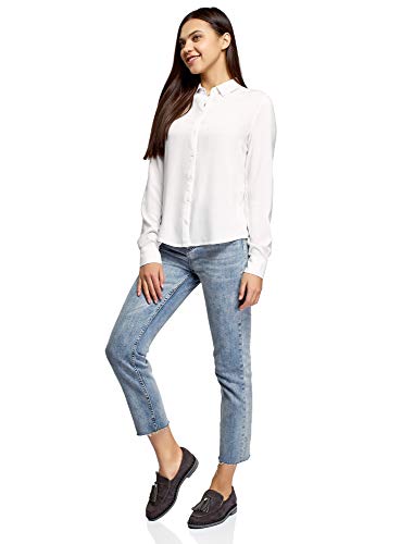 oodji Ultra Mujer Blusa de Viscosa con Cuello de Solapa, Blanco, ES 34 / XXS