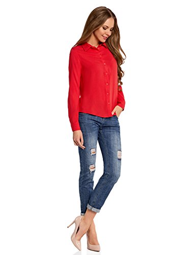 oodji Ultra Mujer Blusa de Viscosa con Cuello de Solapa, Rojo, ES 34 / XXS