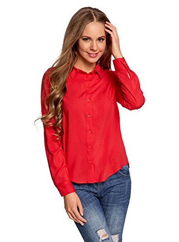 oodji Ultra Mujer Blusa de Viscosa con Cuello de Solapa, Rojo, ES 34 / XXS
