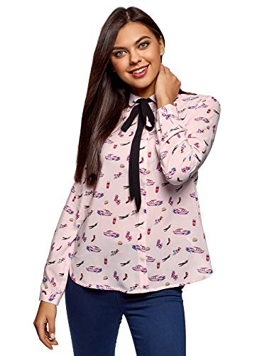 oodji Ultra Mujer Blusa de Viscosa con Lazos, Rosa, ES 42 / L