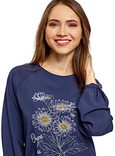 oodji Ultra Mujer Blusa Holgada con Bordado, Azul, ES 42 / L