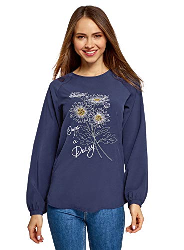 oodji Ultra Mujer Blusa Holgada con Bordado, Azul, ES 42 / L