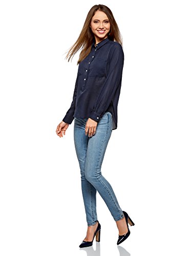 oodji Ultra Mujer Camisa Ancha de Algodón, Azul, ES 38 / S